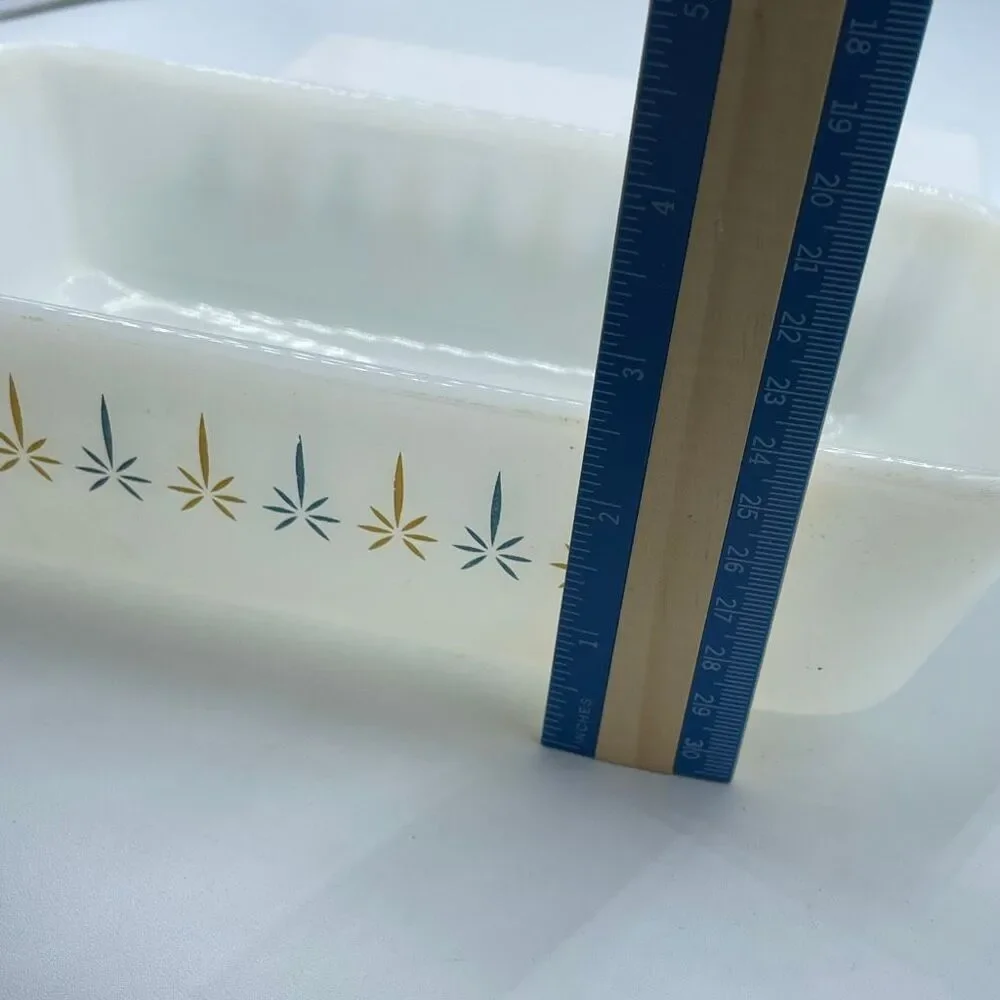 Vintage Fire-King loaf pan “Candle Glow” pattern Anchor Hoking 1960.